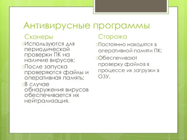 Антивирусные программы Сканеры Используются для периодической проверки ПК на наличие вирусов; После