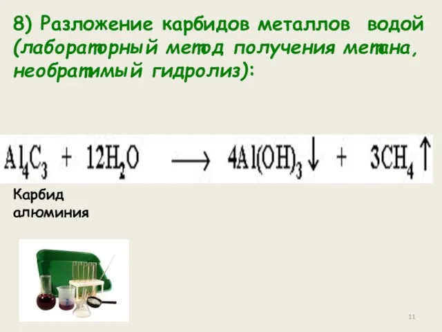 Разложение карбидов металлов (метанидов) водой: 8) Разложение карбидов металлов водой (лабораторный метод