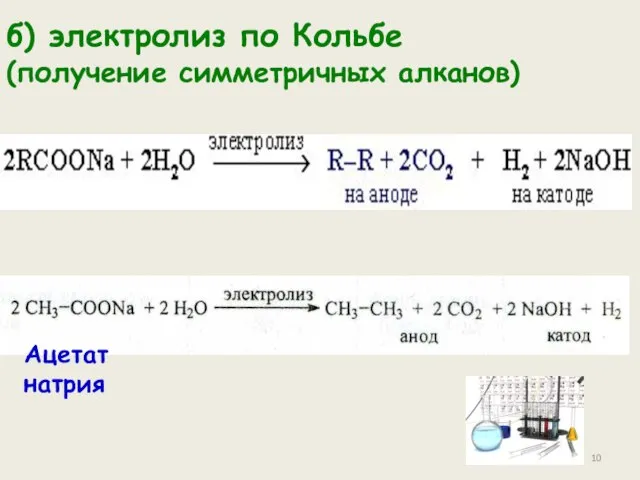 б) электролиз по Кольбе (получение симметричных алканов) Ацетат натрия