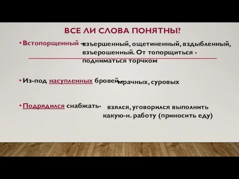 ВСЕ ЛИ СЛОВА ПОНЯТНЫ? Встопорщенный – Из-под насупленных бровей – Подрядился снабжать-