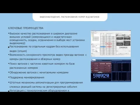 ВИДЕОНАБЛЮДЕНИЕ. РАСПОЗНОВАНИЕ НОМЕР Ж/Д ВАГОНОВ КЛЮЧЕВЫЕ ПРЕИМУЩЕСТВА Высокое качество распознавания в широком