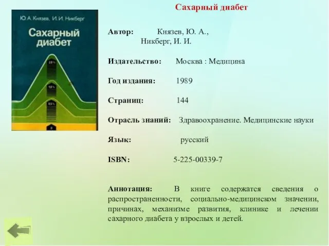 Сахарный диабет Автор: Князев, Ю. А., Никберг, И. И. Издательство: Москва :