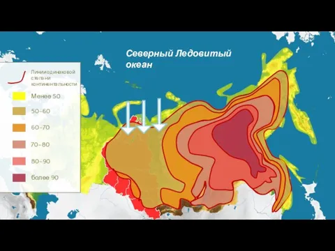 Линии одинаковой степени континентальности 50–60 60–70 70–80 80–90 более 90 Менее 50 Северный Ледовитый океан