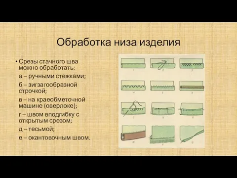 Обработка низа изделия Срезы стачного шва можно обработать: а – ручными стежками;