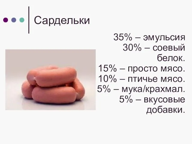 Сардельки 35% – эмульсия 30% – соевый белок. 15% – просто мясо.