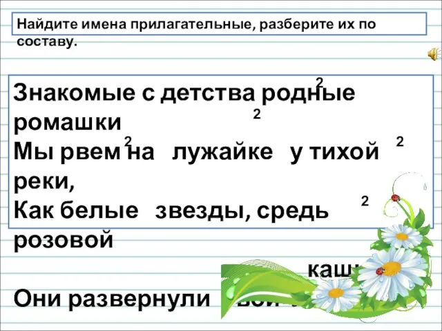 Знакомые с детства родные ромашки Мы рвем на лужайке у тихой реки,