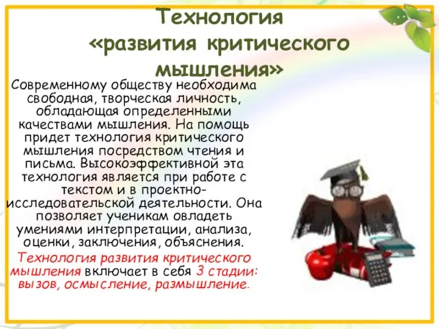 Технология «развития критического мышления» Cовременному обществу необходима свободная, творческая личность, обладающая определенными