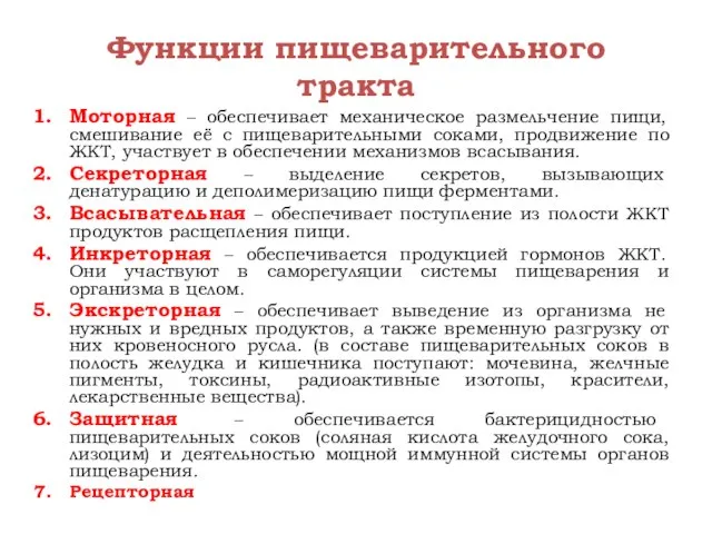 Функции пищеварительного тракта Моторная – обеспечивает механическое размельчение пищи, смешивание её с