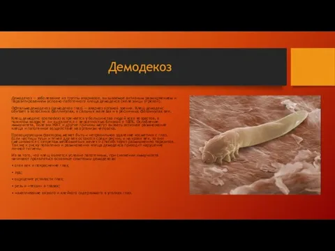 Демодекоз Демодекоз — заболевание из группы акариазов, вызываемое активным размножением и паразитированием