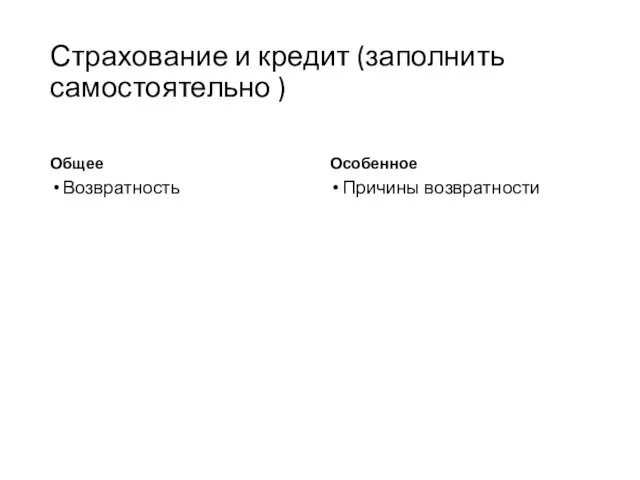 Страхование и кредит (заполнить самостоятельно ) Общее Возвратность Особенное Причины возвратности