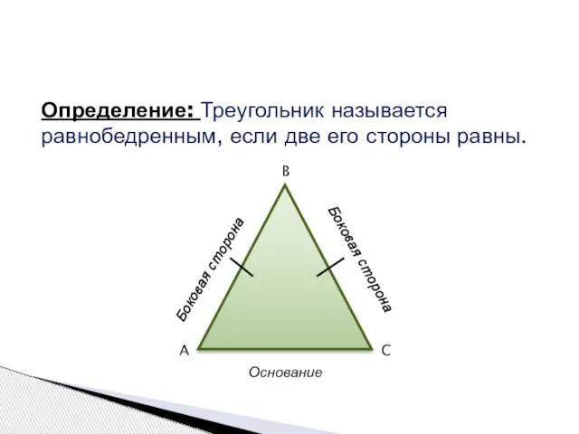 Определение: Треугольник называется равнобедренным, если две его стороны равны. A B C