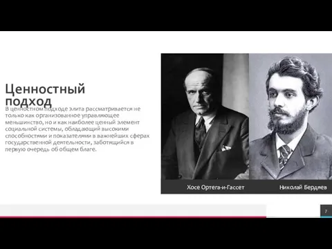 Ценностный подход Хосе Ортега-и-Гассет Николай Бердяев В ценностном подходе элита рассматривается не