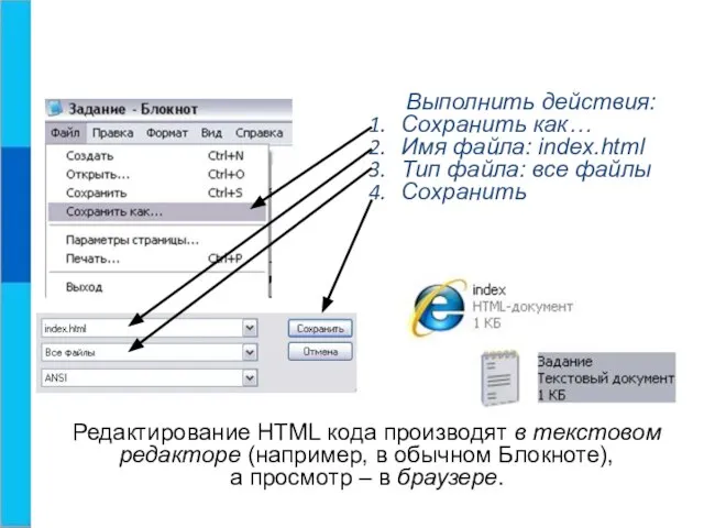 Выполнить действия: Сохранить как… Имя файла: index.html Тип файла: все файлы Сохранить