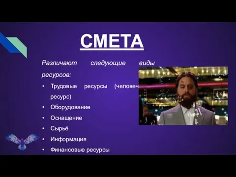 СМЕТА Различают следующие виды ресурсов: Трудовые ресурсы (человеческий ресурс) Оборудование Оснащение Сырьё Информация Финансовые ресурсы