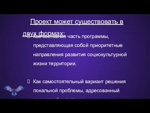 Как составная часть программы, представляющая собой приоритетные направления развития социокультурной жизни территории.