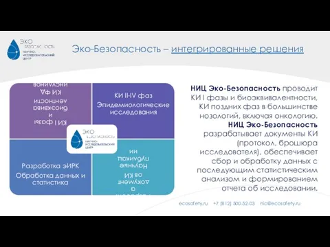 Эко-Безопасность – интегрированные решения НИЦ Эко-Безопасность проводит КИ I фазы и биоэквивалентности,