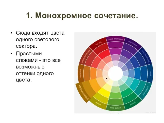 1. Монохромное сочетание. Сюда входят цвета одного светового сектора. Простыми словами -