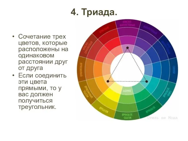 4. Триада. Сочетание трех цветов, которые расположены на одинаковом расстоянии друг от