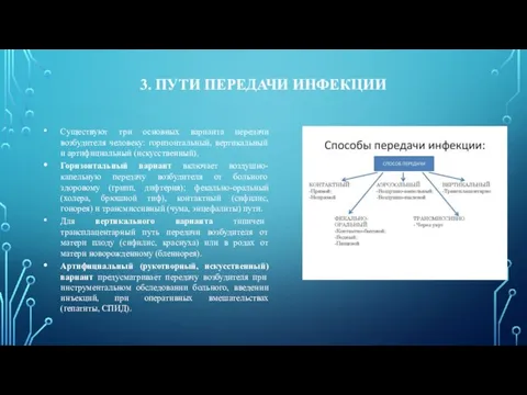 3. ПУТИ ПЕРЕДАЧИ ИНФЕКЦИИ Существуют три основных варианта передачи возбудителя человеку: горизонтальный,