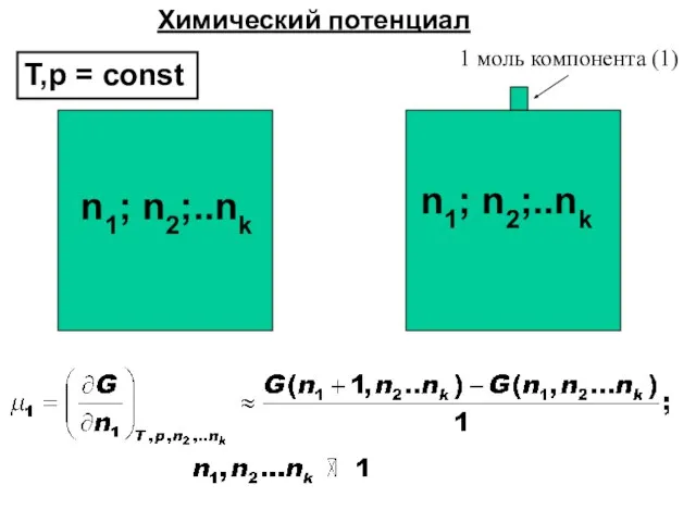 n1; n2;..nk n1; n2;..nk 1 моль компонента (1) Химический потенциал T,p = const