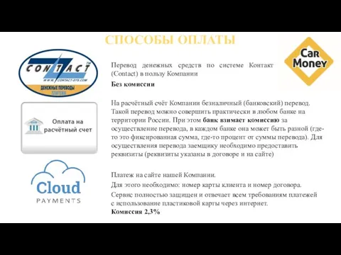 СПОСОБЫ ОПЛАТЫ Перевод денежных средств по системе Контакт (Contact) в пользу Компании