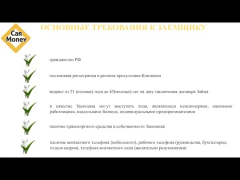 ОСНОВНЫЕ ТРЕБОВАНИЯ К ЗАЕМЩИКУ гражданство РФ постоянная регистрация в регионе присутствия Компании