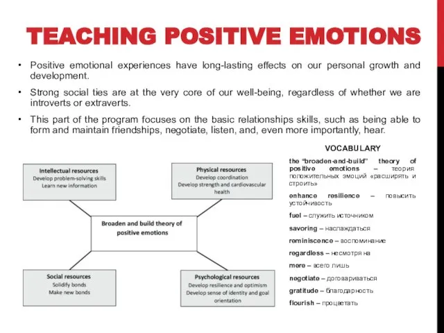 VOCABULARY the “broaden-and-build” theory of positive emotions – теория положительных эмоций «расширять