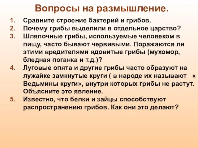 Вопросы на размышление. Сравните строение бактерий и грибов. Почему грибы выделили в