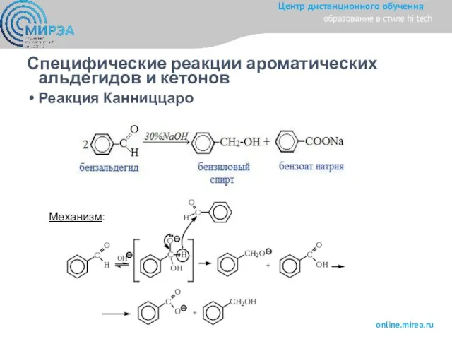Специфические реакции ароматических альдегидов и кетонов Реакция Канниццаро Механизм: