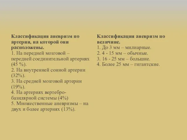 Классификация аневризм по артерии, на которой они расположены. 1. На передней мозговой