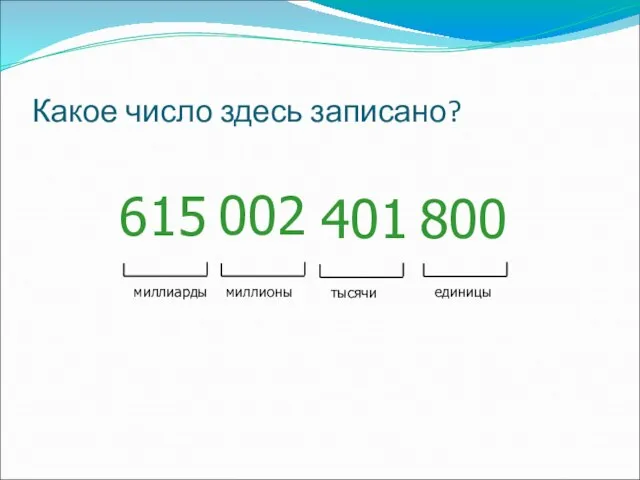 Какое число здесь записано? 615 002 401 800 единицы тысячи миллионы миллиарды