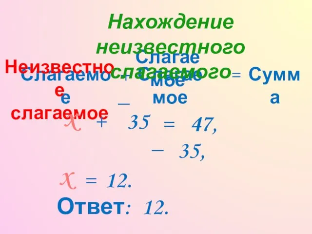 Слагаемое + Слагаемое = Сумма Неизвестное слагаемое x 35 + = 47,