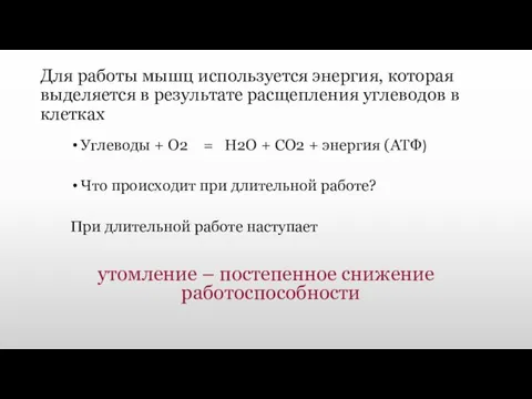 Для работы мышц используется энергия, которая выделяется в результате расщепления углеводов в