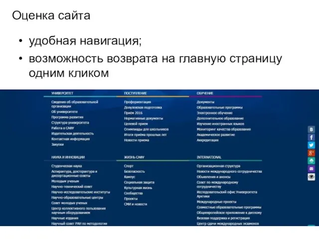 Оценка сайта удобная навигация; возможность возврата на главную страницу одним кликом