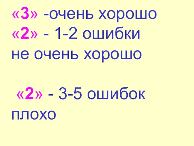 «3» -очень хорошо «2» - 1-2 ошибки не очень хорошо «2» - 3-5 ошибок плохо