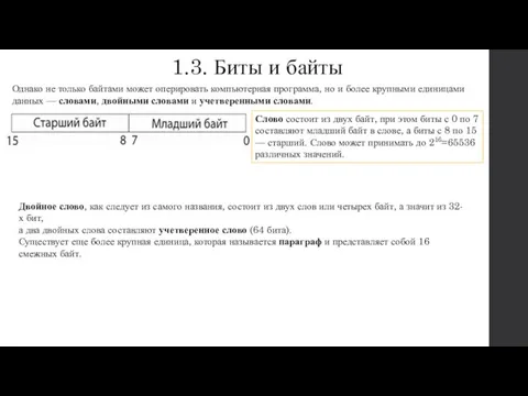 1.3. Биты и байты Однако не только байтами может оперировать компьютерная программа,