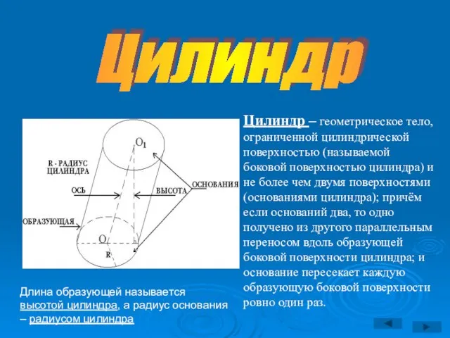 Цилиндр Цилиндр – геометрическое тело, ограниченной цилиндрической поверхностью (называемой боковой поверхностью цилиндра)