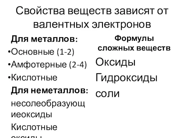 Свойства веществ зависят от валентных электронов Для металлов: Основные (1-2) Амфотерные (2-4)