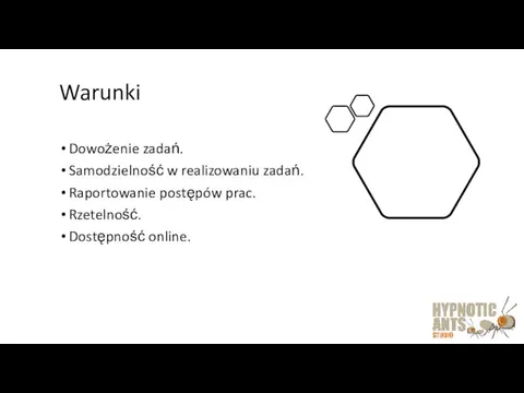 Warunki Dowożenie zadań. Samodzielność w realizowaniu zadań. Raportowanie postępów prac. Rzetelność. Dostępność online.