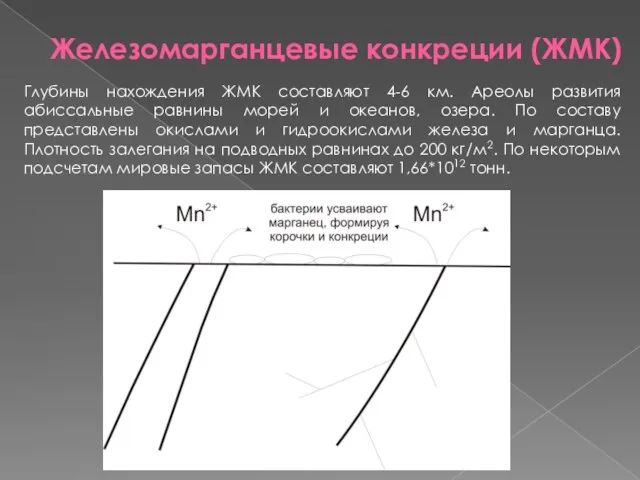 Железомарганцевые конкреции (ЖМК) Глубины нахождения ЖМК составляют 4-6 км. Ареолы развития абиссальные