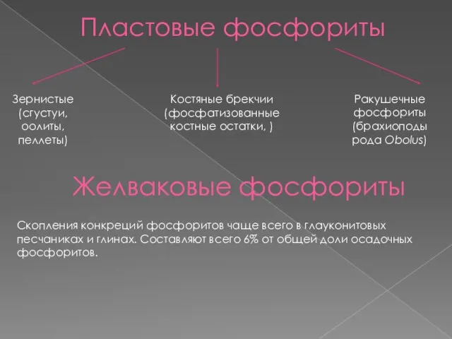 Пластовые фосфориты Зернистые (сгустуи, оолиты, пеллеты) Костяные брекчии (фосфатизованные костные остатки, )