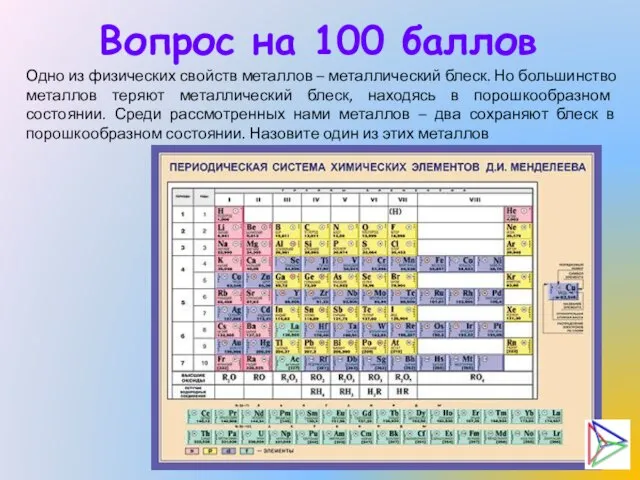 Вопрос на 100 баллов Одно из физических свойств металлов – металлический блеск.