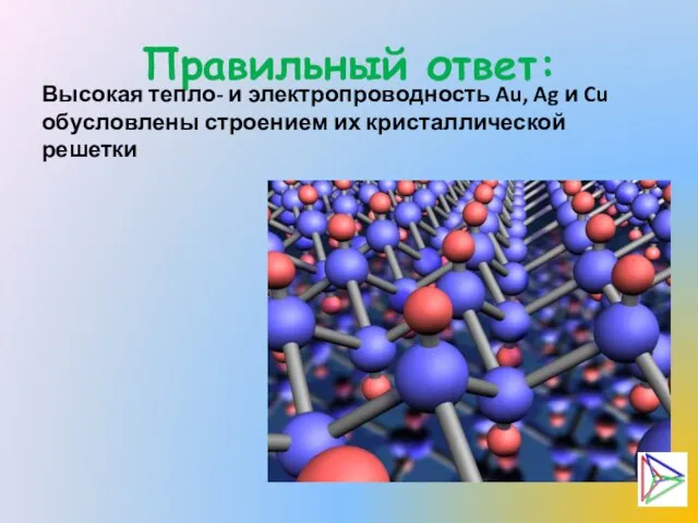 Правильный ответ: Высокая тепло- и электропроводность Au, Ag и Cu обусловлены строением их кристаллической решетки