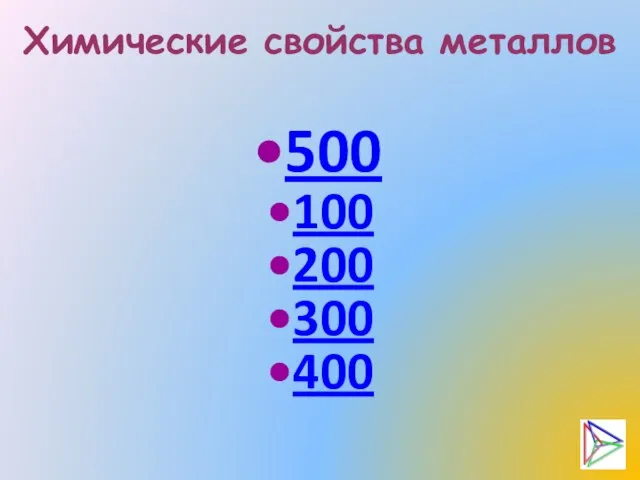 Химические свойства металлов 500 100 200 300 400
