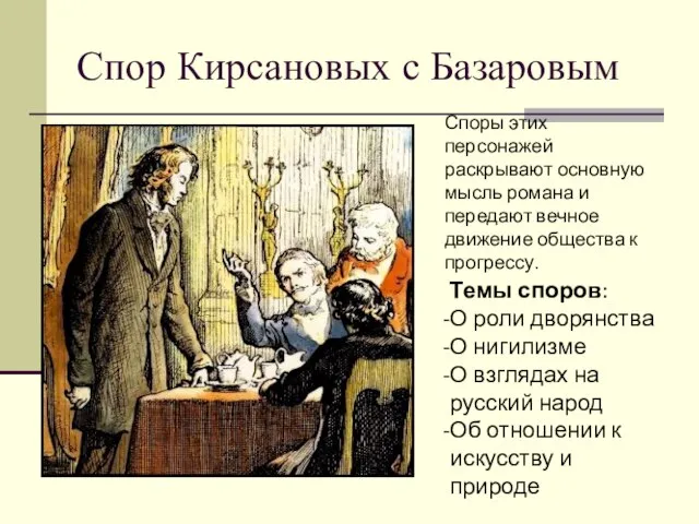 Спор Кирсановых с Базаровым Споры этих персонажей раскрывают основную мысль романа и