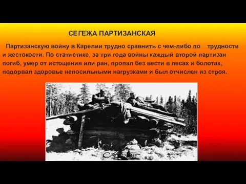 СЕГЕЖА ПАРТИЗАНСКАЯ Партизанскую войну в Карелии трудно сравнить с чем-либо по трудности