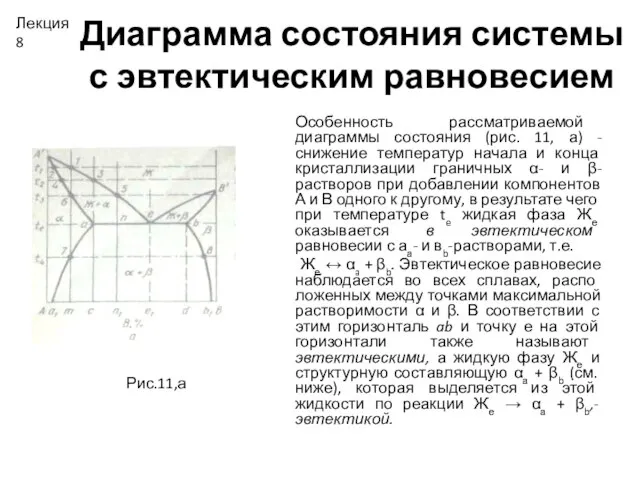 Диаграмма состояния системы с эвтектическим равновесием Особенность рассматриваемой диаграммы состояния (рис. 11,