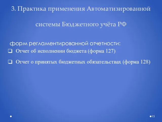 3. Практика применения Автоматизированной системы Бюджетного учёта РФ форм регламентированной отчетности: Отчет