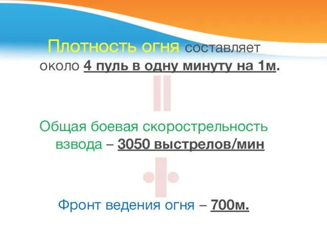 Плотность огня составляет около 4 пуль в одну минуту на 1м. Общая