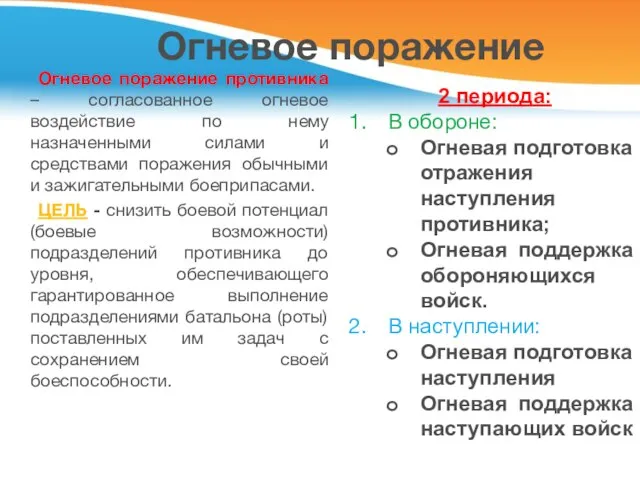 Огневое поражение Огневое поражение противника – согласованное огневое воздействие по нему назначенными